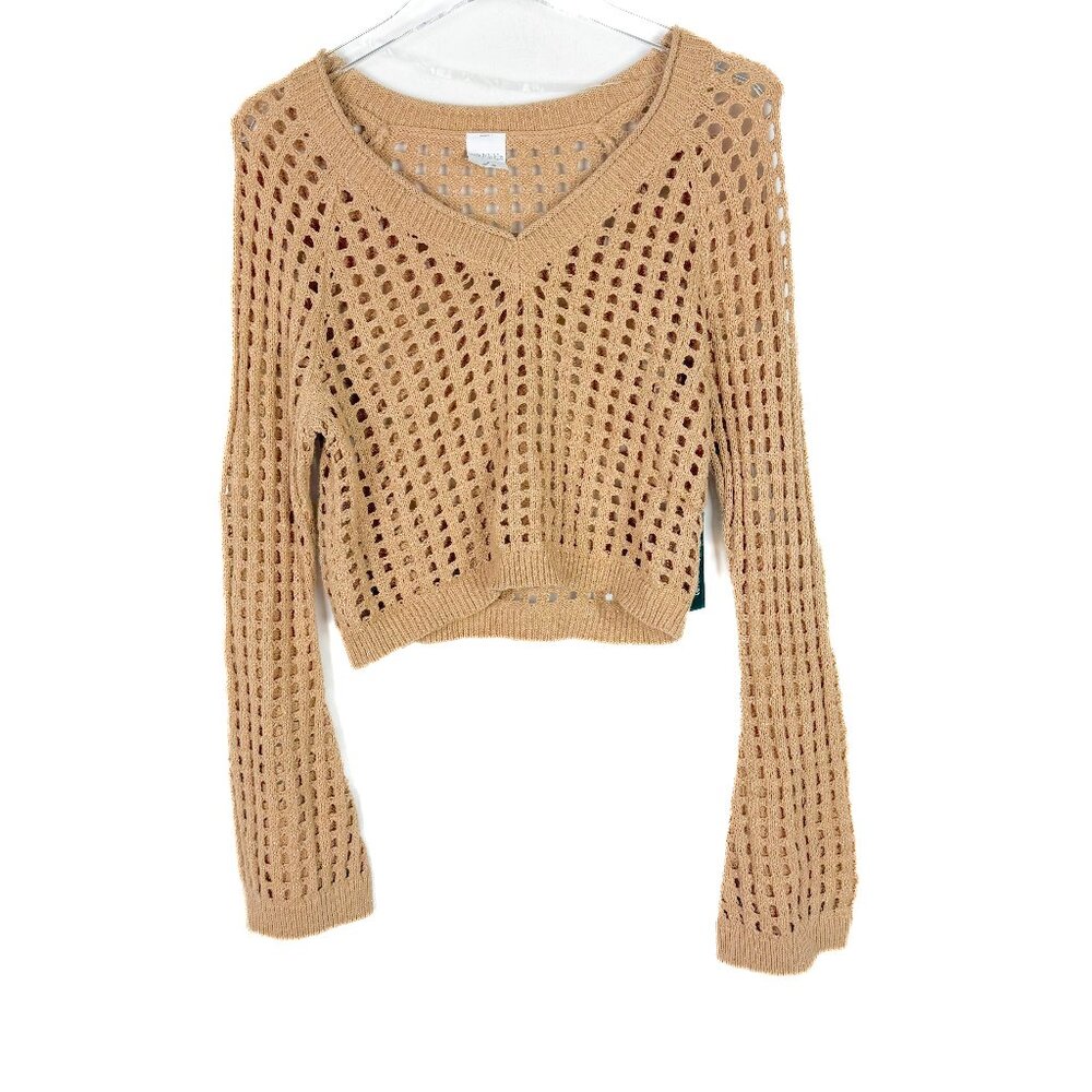 NWT Wild Fable Crochet Long Sleeve V-Neck Sweater Light Taupe Shine Size Small S